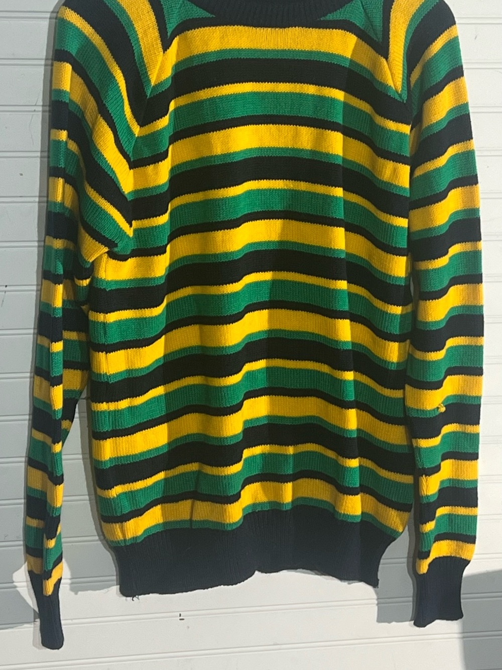 Vintage Yellow/Green/Navy Brightly Striped Acrylic Crewneck Sweater Size XL